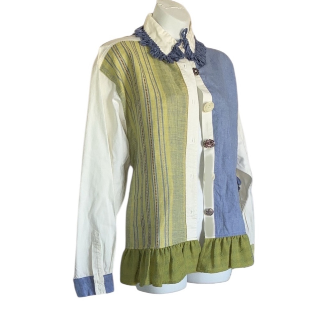 Taylor G. Shirt Women's, L Colorful, Ruffle Trim, beading, elaborate buttons EUC